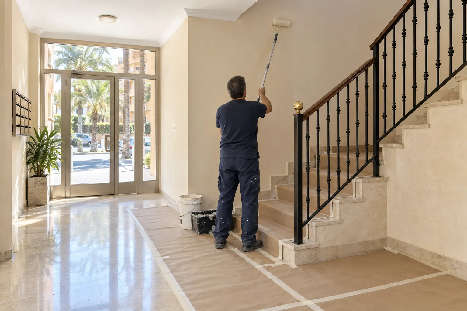 Pintor pintando el portal y la escalera de una comunidad de vecinos