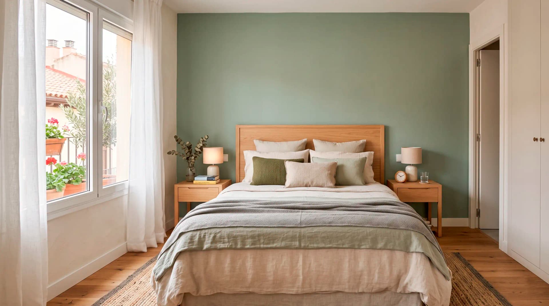 Dormitorio pintado con una pared de acento en verde salvia