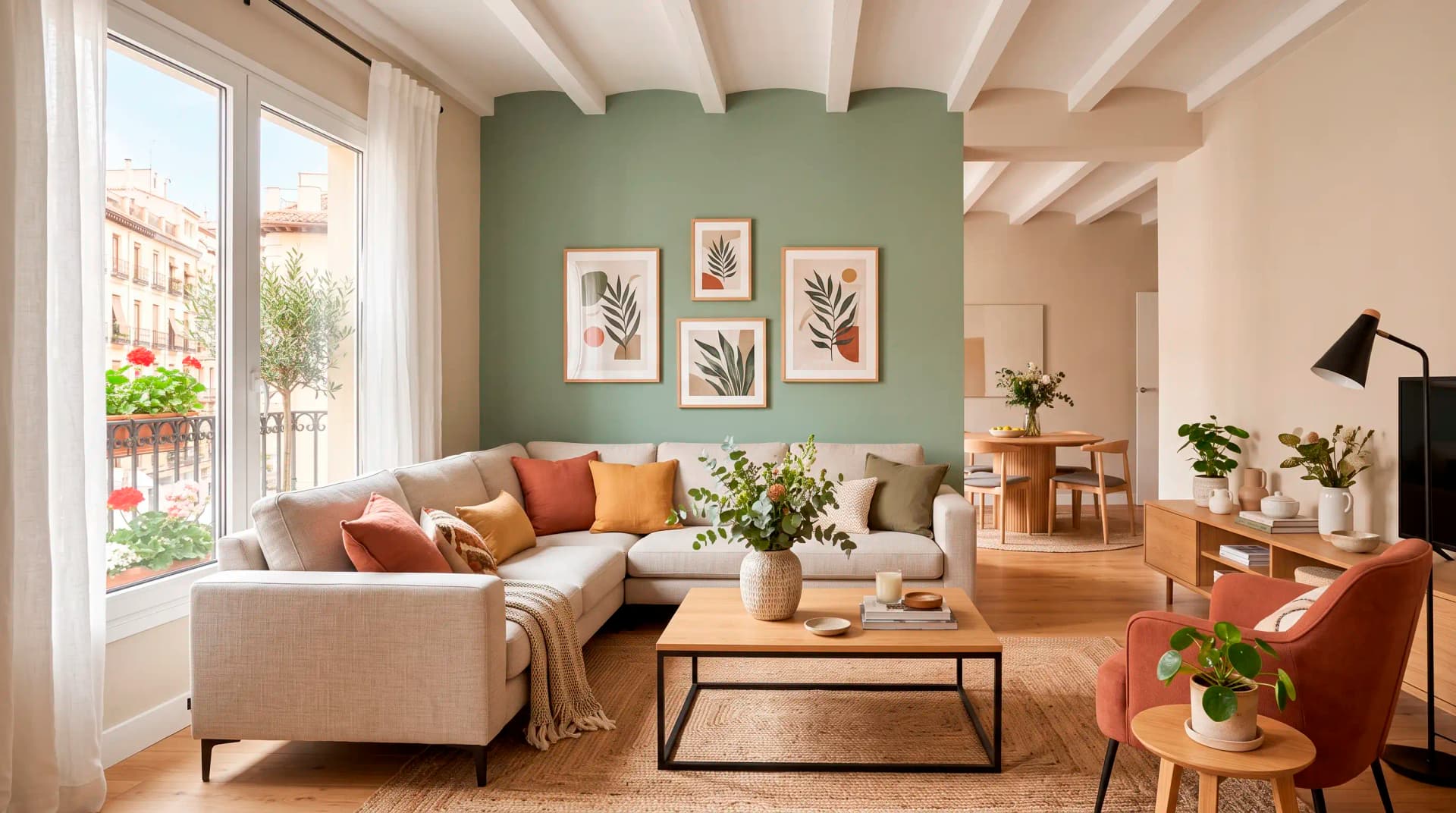Salón con una pared de acento en color de tendencia (verde salvia)