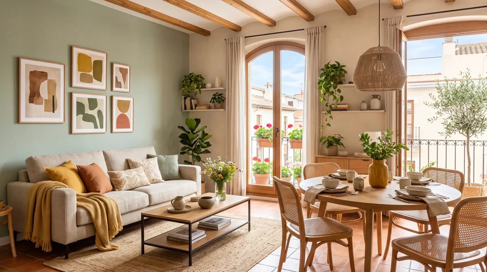 Estancia que combina un neutro cálido con un color de acento
