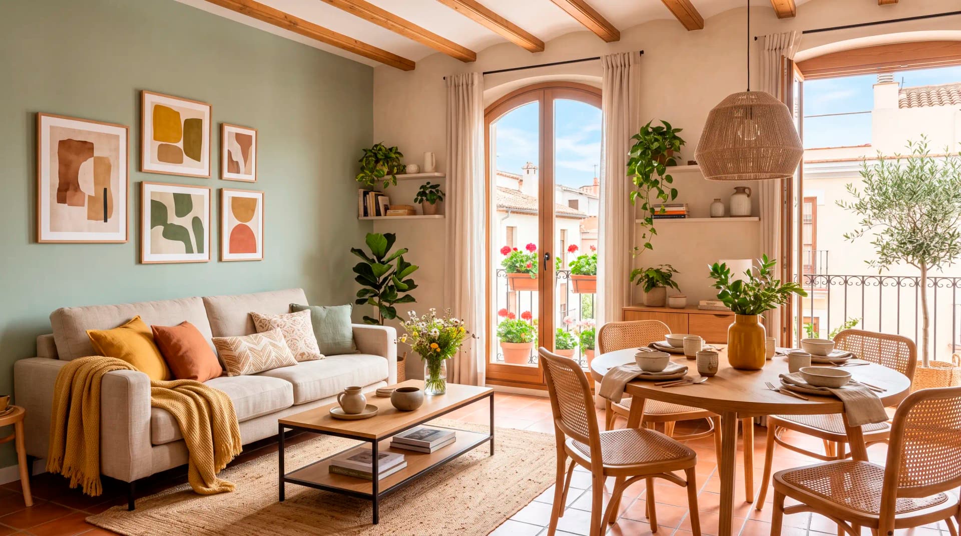 Estancia que combina un neutro cálido con un color de acento