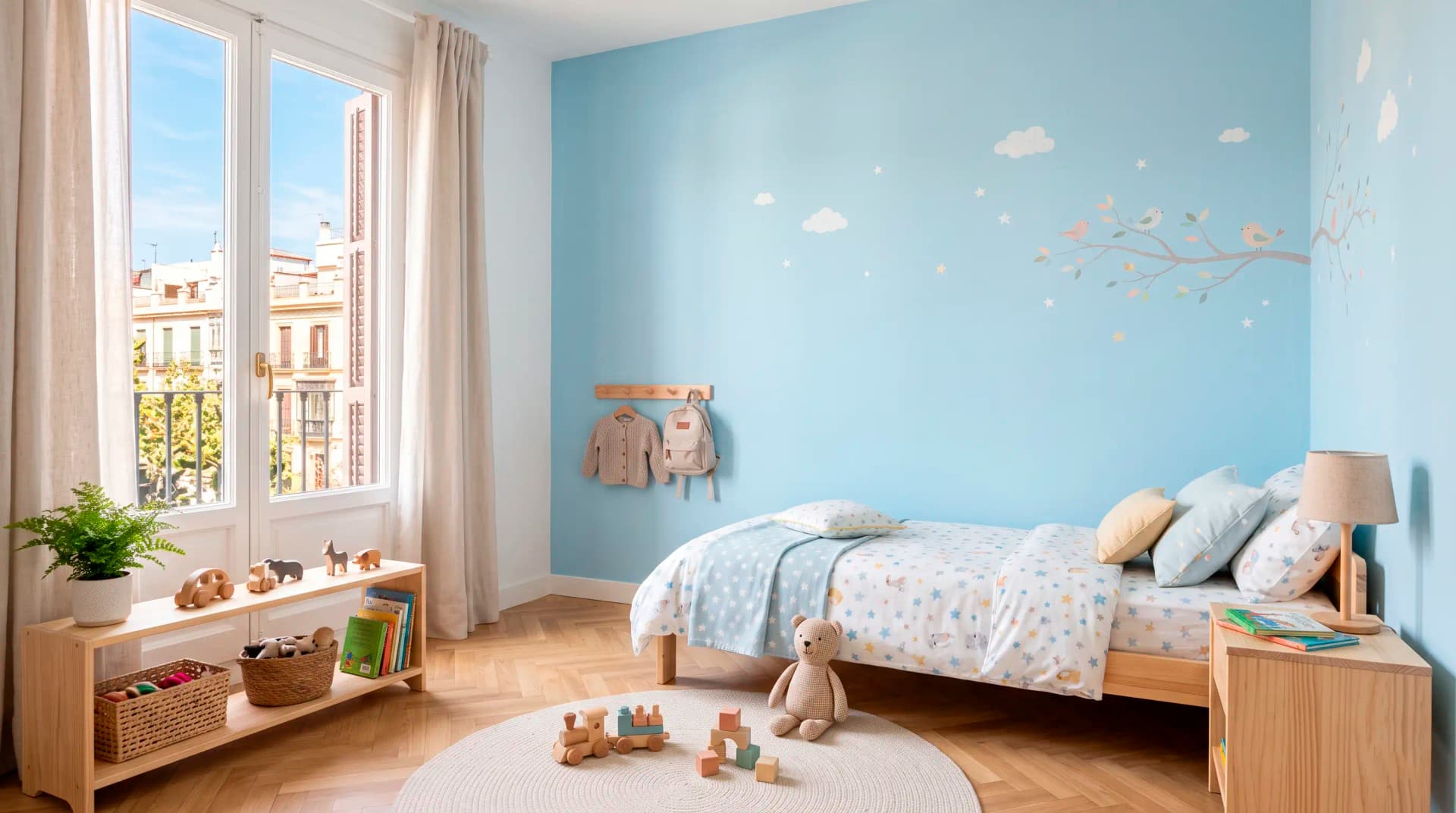 Habitación infantil pintada con colores suaves y pintura lavable