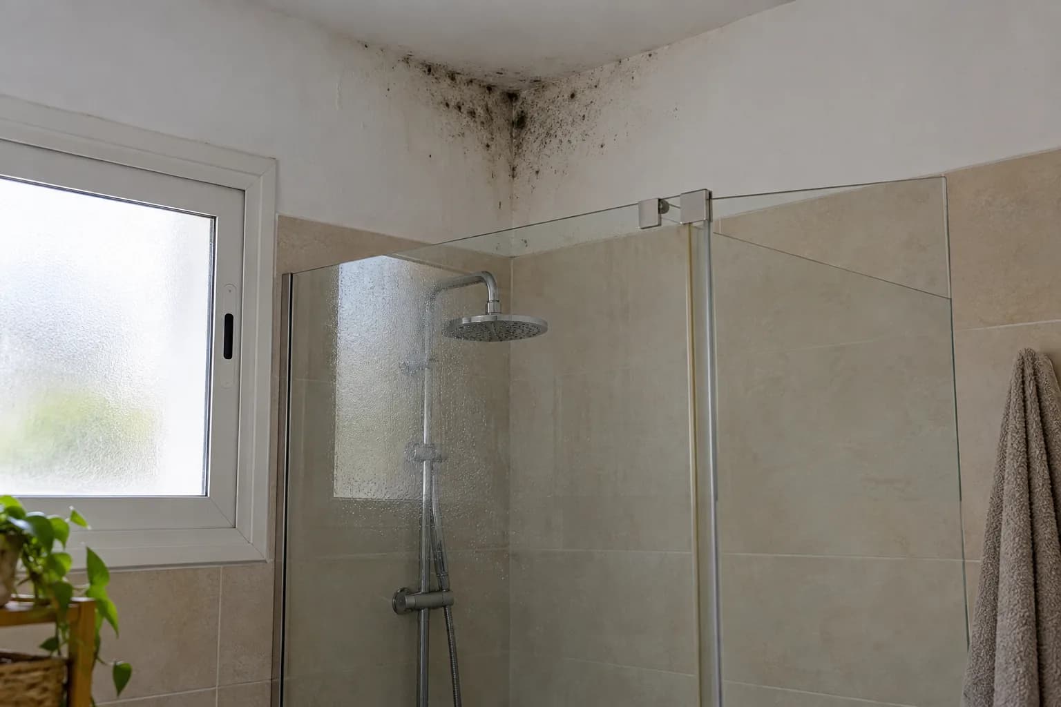 Moho negro en la esquina del techo de un baño