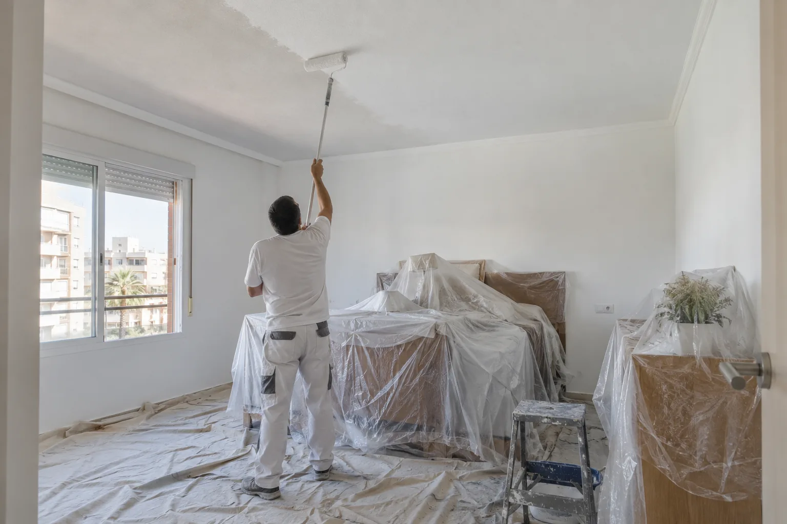 Pintor pintando el techo blanco de un dormitorio con los muebles protegidos