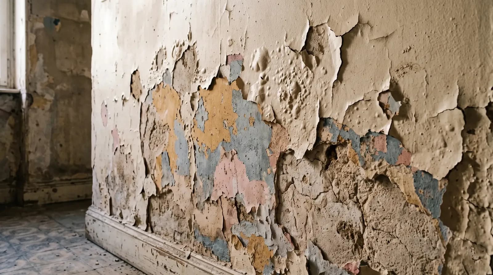 Pared interior con la pintura descascarillada y abombada