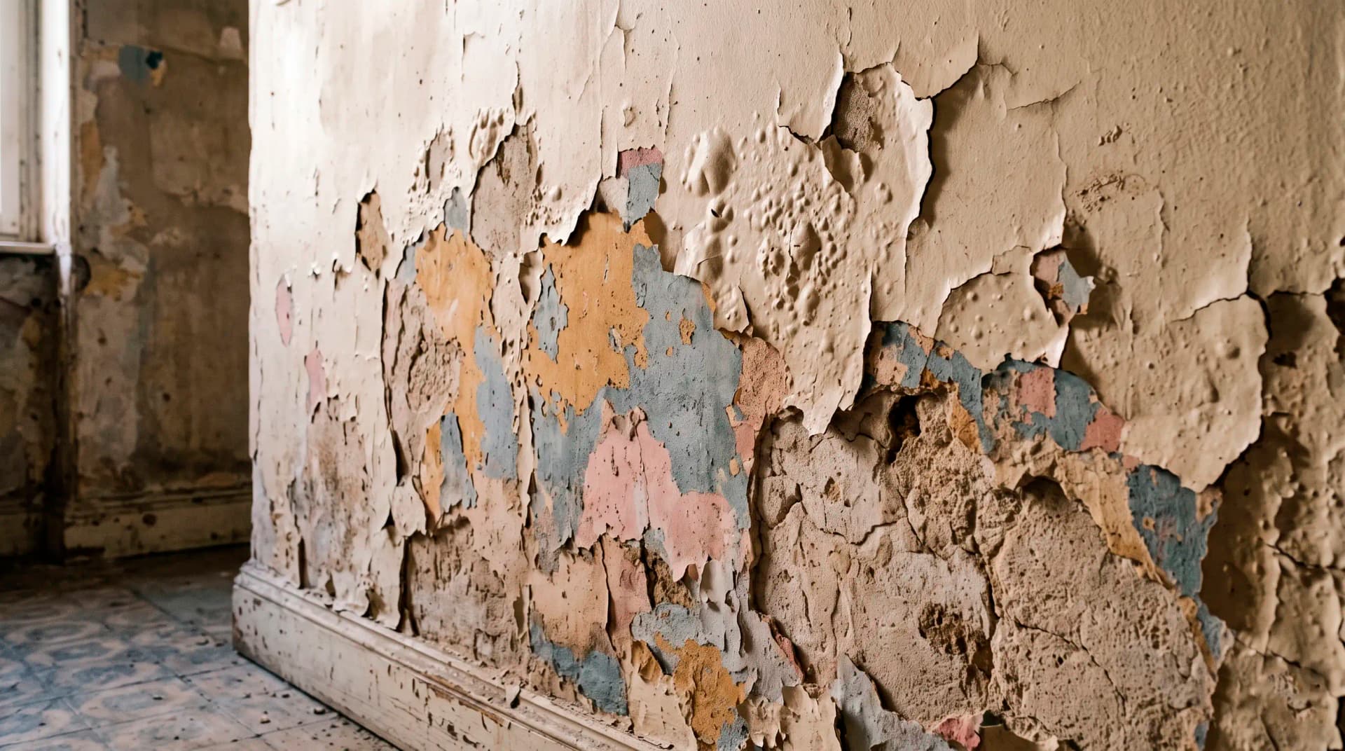Pared interior con la pintura descascarillada y abombada