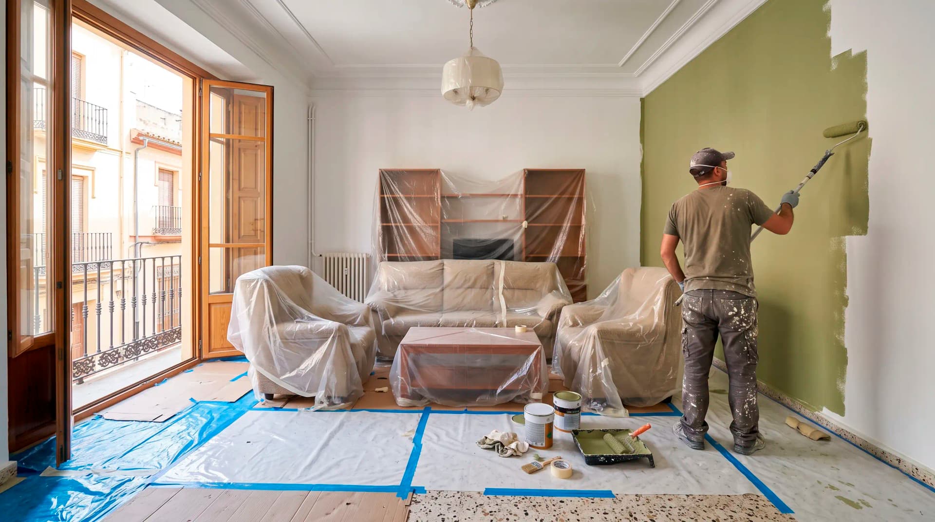 Muebles agrupados y cubiertos con plástico para pintar el piso amueblado