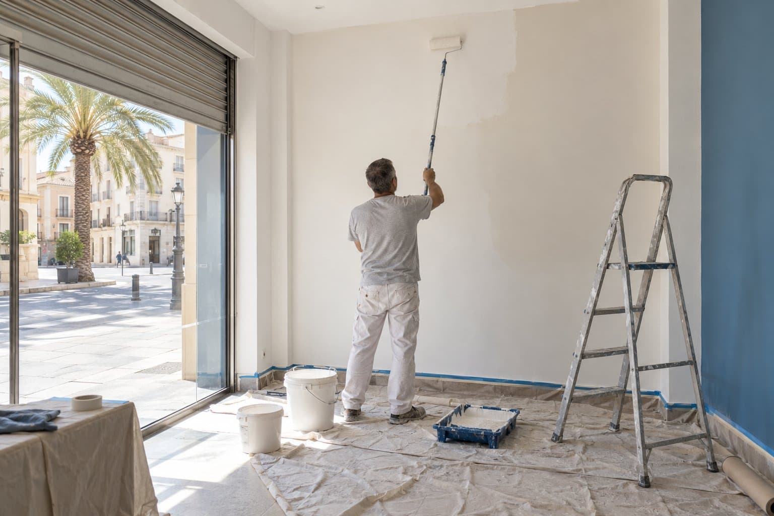 Pintor pintando las paredes de un local comercial