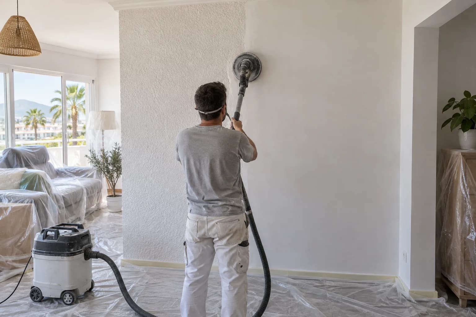 Pintor de espaldas quitando el gotelé de una pared con una lijadora de brazo largo