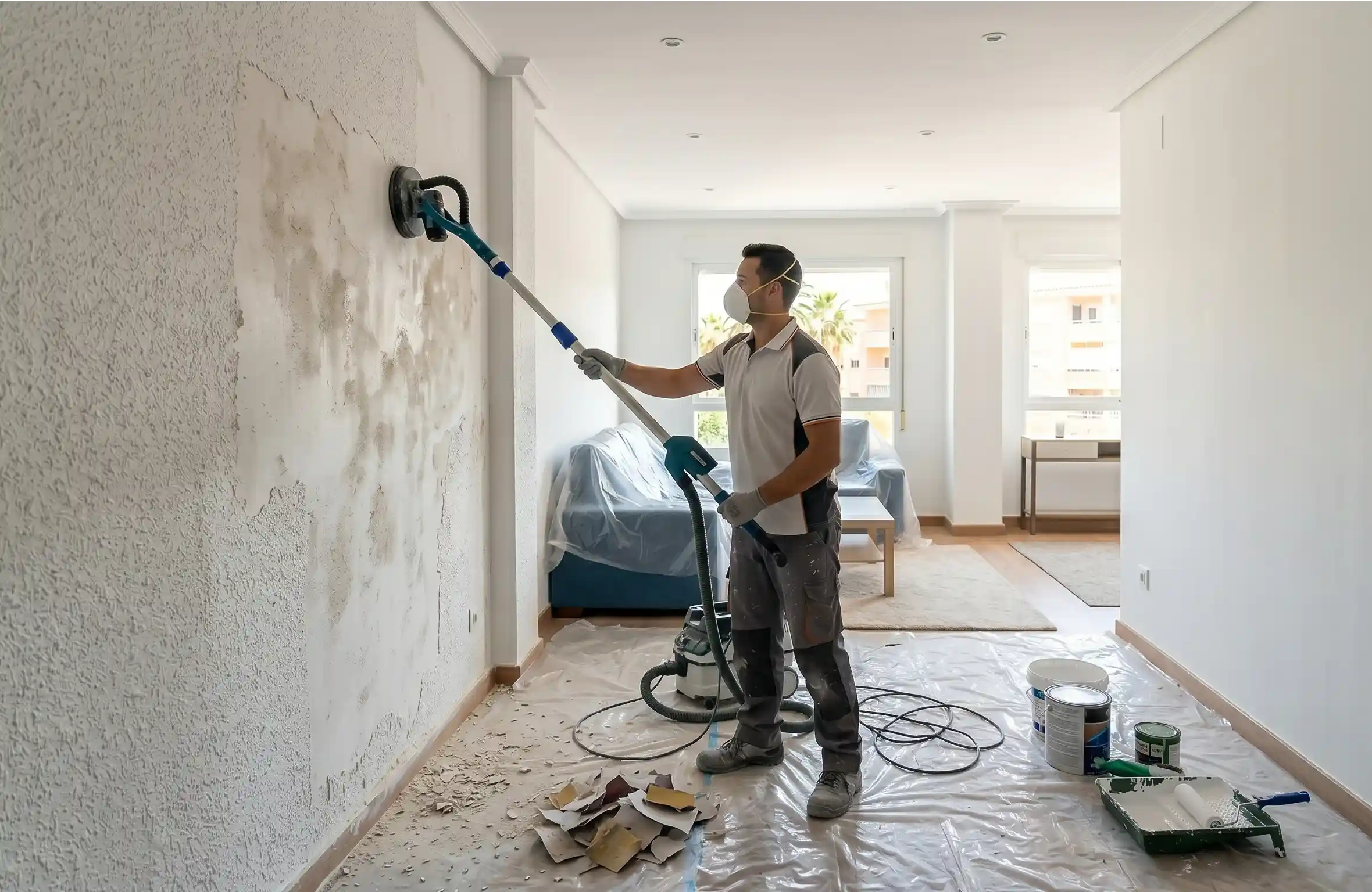 Pintor quitando el gotelé de una pared con lijadora en una vivienda de Elche