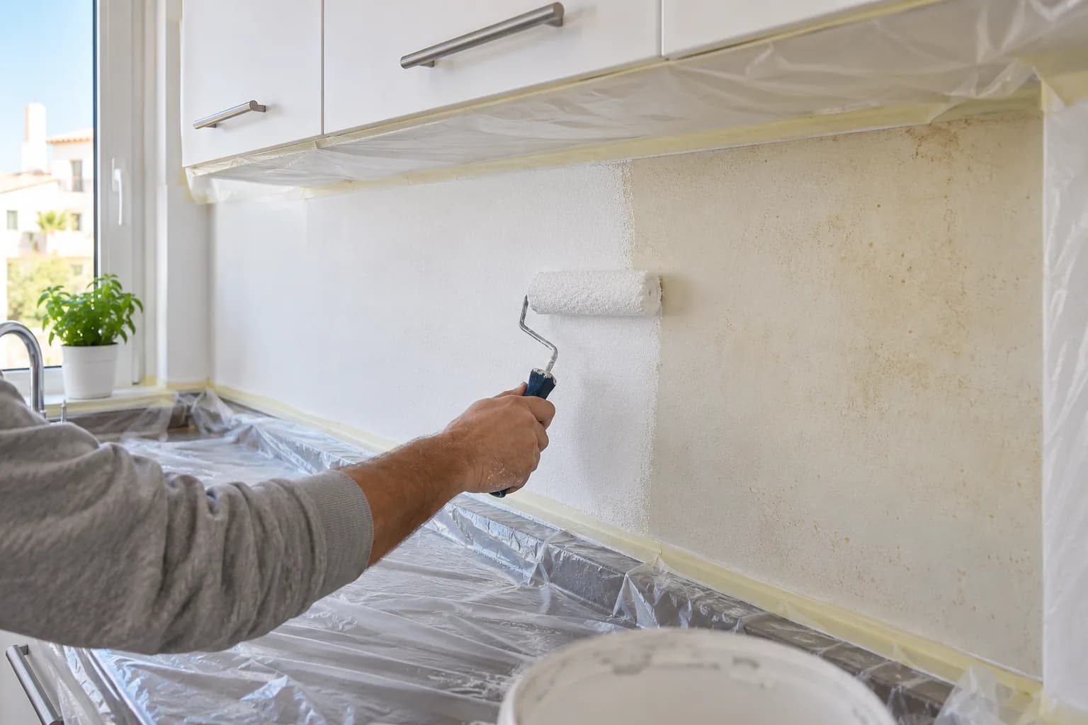 Pintor pintando con rodillo la pared de una cocina con los muebles protegidos
