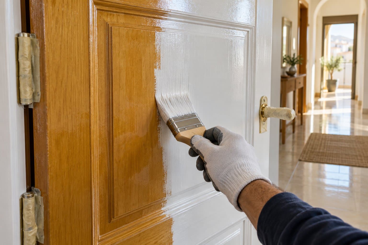 Puerta de madera lacándose en blanco con brocha