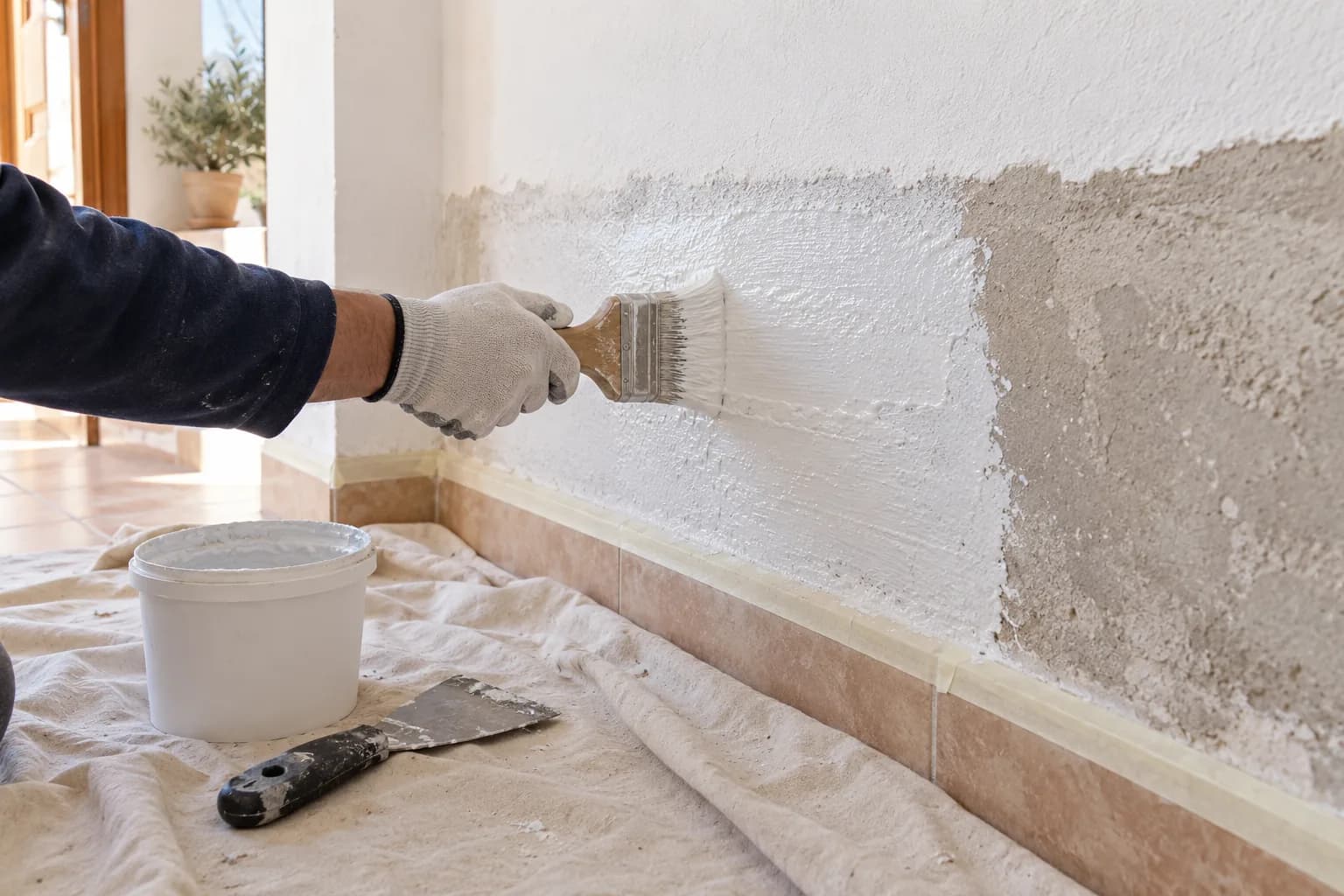 Aplicación con brocha de un tratamiento antihumedad en la parte baja de una pared
