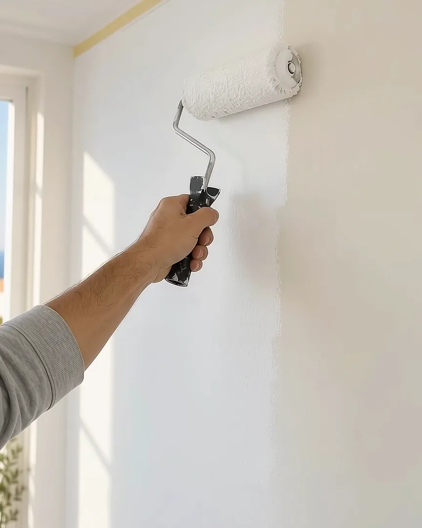 Rodillo aplicando pintura blanca en la pared de una vivienda